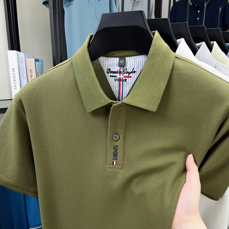 純綿メンズ Tシャツ夏の新しいハイエンド刺繍ラペルファッション薄型吸汗通気性半袖メンズ Tシャツ|undefined