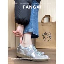 牛皮版新款复古百搭银色真皮德训鞋女平底板鞋系带运动鞋休闲鞋子