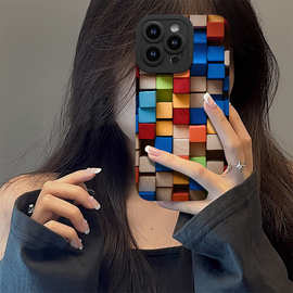 彩色正方块苹果14/15Promax手机壳iPhone13创意7Plus包12pro