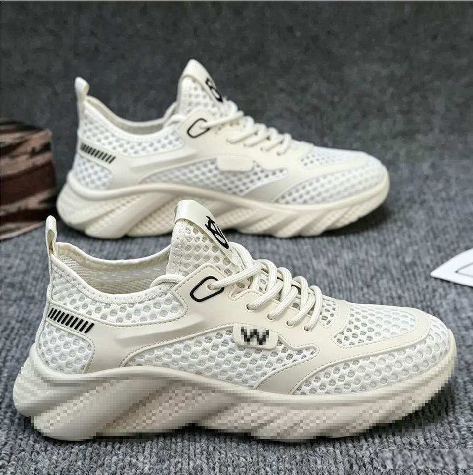 Giày nam lưới thoáng khí đế mềm chống trơn trượt, giày thể thao thường ngày cổ thấp — Màu be, Màu xanh dương, màu đen, Màu be (hộp)