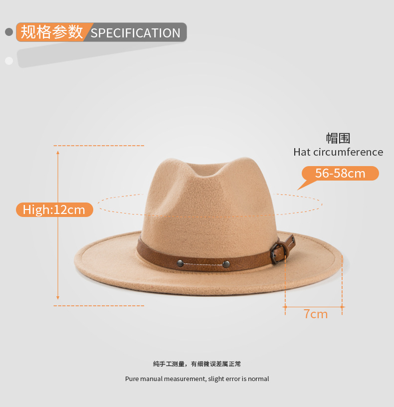 3780g Weight Fedora Hat Hats Type Outdoor Occasion Woolen Material Solid Color Pattern Autumn&Winter Season Unisex Gender Basic Style Army Green, Royal Blue, Navy Blue, Grey, Red, Wine Red, Camel, Black Color Big Eaves Rim Retro Woolen Hats For Men And Women Belt Metal Buckle Felt Hat Simple Big Brim Jazz Hat 1
