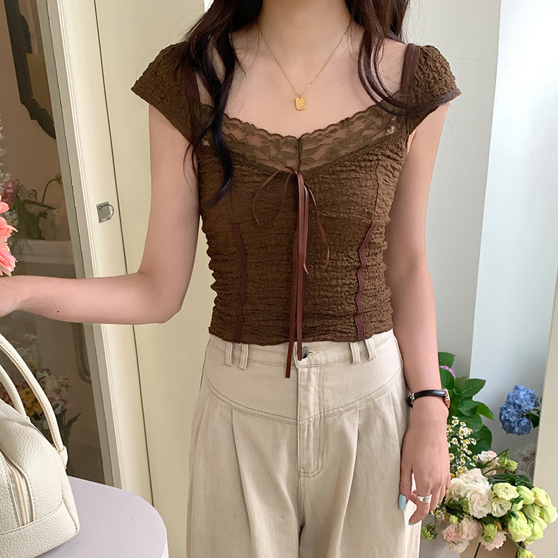 Summer 2024 American Style Retro Brown Texture Lace Top Hot Girl Low Collar Bow Stitching Short Sleeve T-Shirt