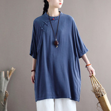 2123喜墨设计夏季棉麻女装禅意斜襟小立领国风复古宽松大码中裙