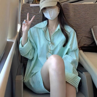 防晒条纹衬衫外套女早春外搭长袖上衣衬衣夏秋开衫新款休闲慵懒风