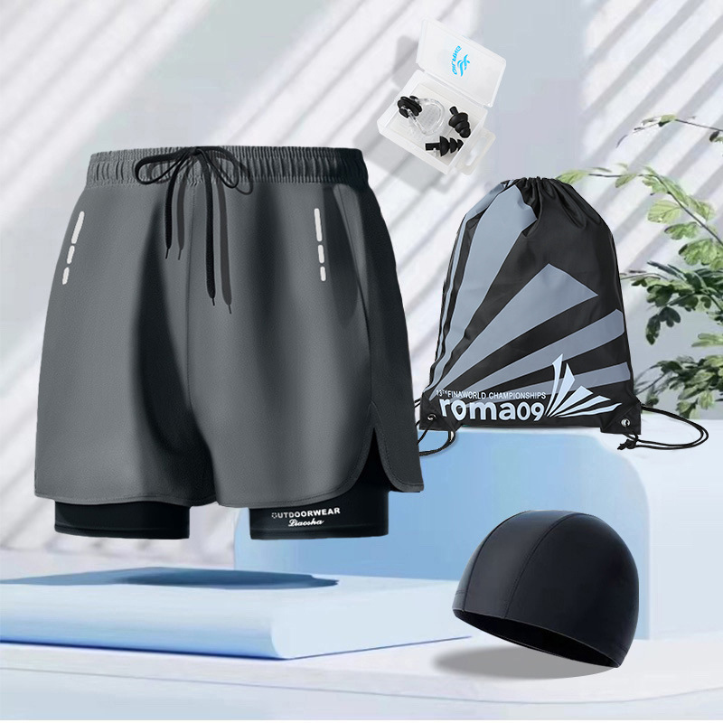 Trousers, beach swimming cap, nose clip, earplugs