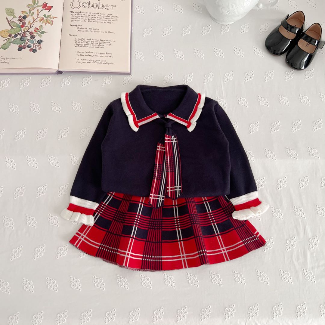 Barnset 2024 Höst/Vinter Ny Western Stickad Tröja i Akademistil Tvådelad Kjol_voghion.com