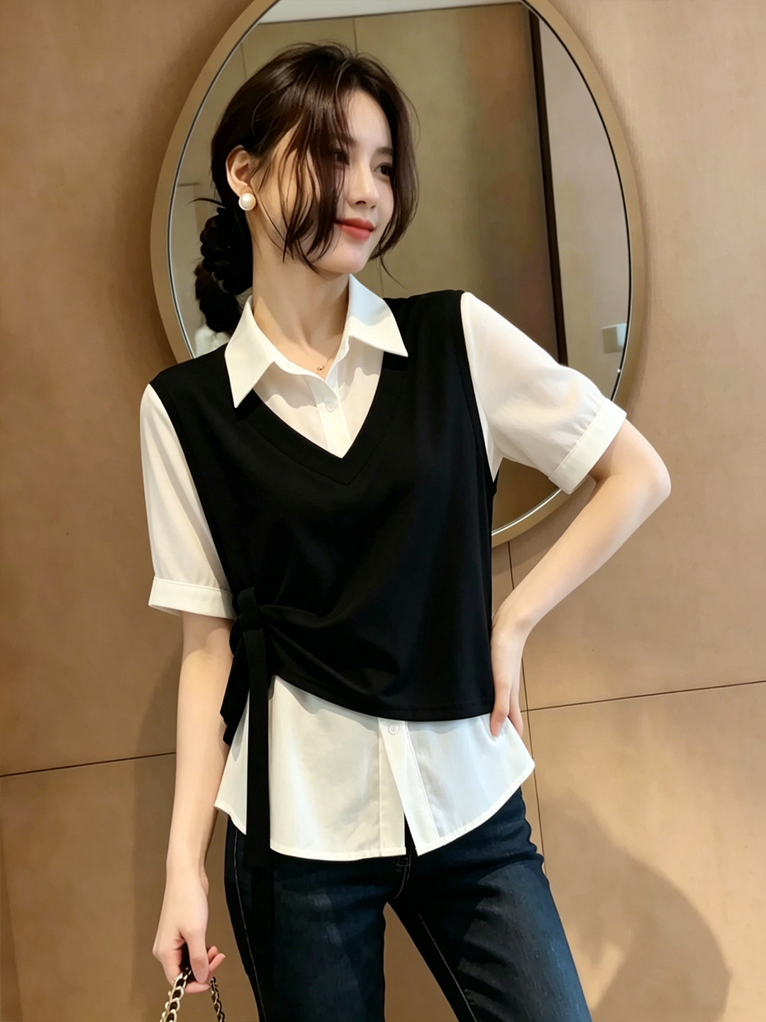 Áo thun nữ tay ngắn phối ren giả hai lớp thiết kế dây rua — Màu ảnh