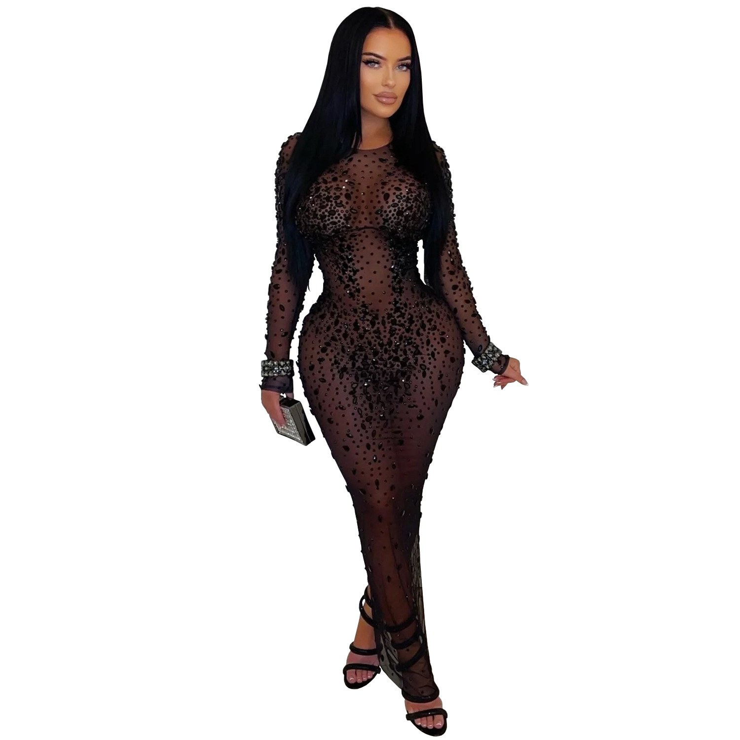 C7596 Aliexpress transfronterizo Amazon Europa y América de moda femenina perspectiva sexy malla de diamante vestido de cadera