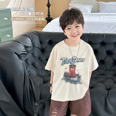 男童夏裝2024夏新款兒童韓版復古印花短袖中小童百搭童裝寶寶T恤