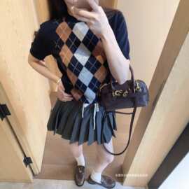 新款南油miu2025夏季甜美学院风青春撞色菱格针织圆领短袖毛衣女
