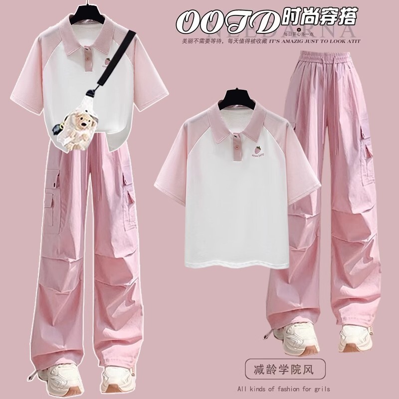 Junior High School Student Preppy Style Fashion Suit Women's 2025 Summer New Polo Short-Sleeved High School Student Korean Style Casual Pants Trend