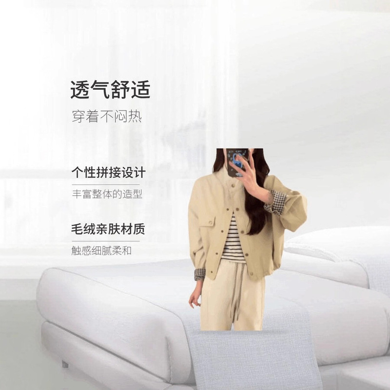 新款撞色格子宽松短款2025秋季夹克风衣外套58053|undefined