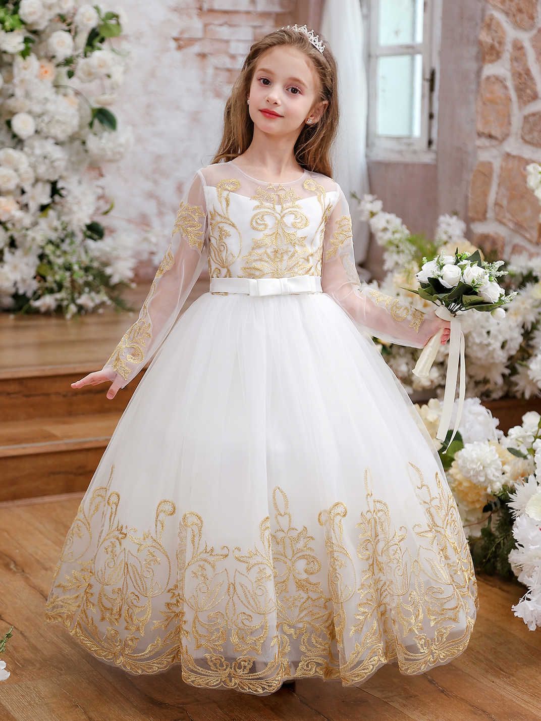 Ropa infantil transfronteriza vestido de bebé princesa de rendimiento de rendimiento de encaje de manga larga vestido de novia de flores