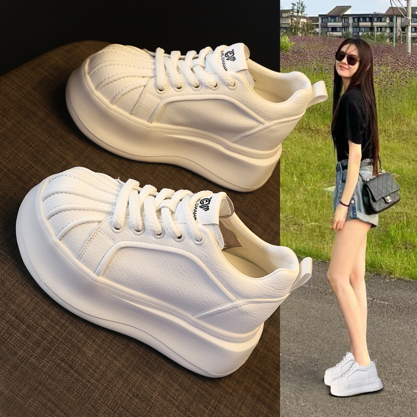 Giày sneaker nữ đế dày tăng chiều cao phong cách thể thao — màu trắng