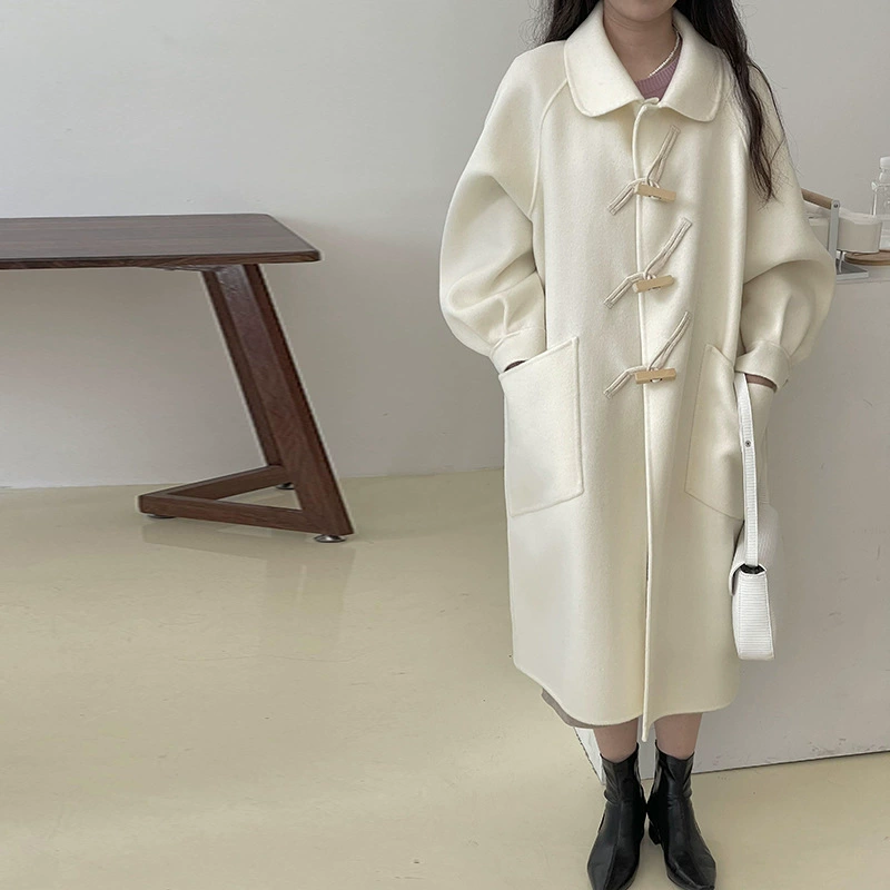 Long double-sided velvet woolen coat, jacket, doll, mid-length, for teenagers, puff sleeves, doll collar
