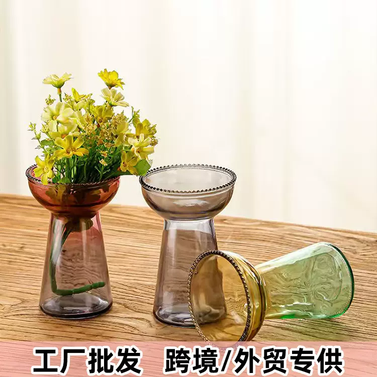 跨境简约创意莲花玻璃花瓶干鲜花插花水培花瓶客厅样板间装饰摆件