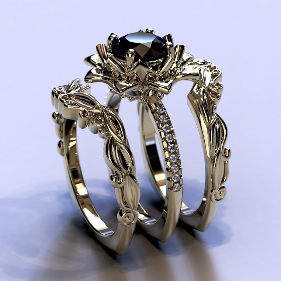 HUAJIE 국경 간 폭발 3 피스 링 뜨거운 판매 로즈 여성 세트 링 전기 도금 골드 상감 블랙 다이아몬드 쥬얼리