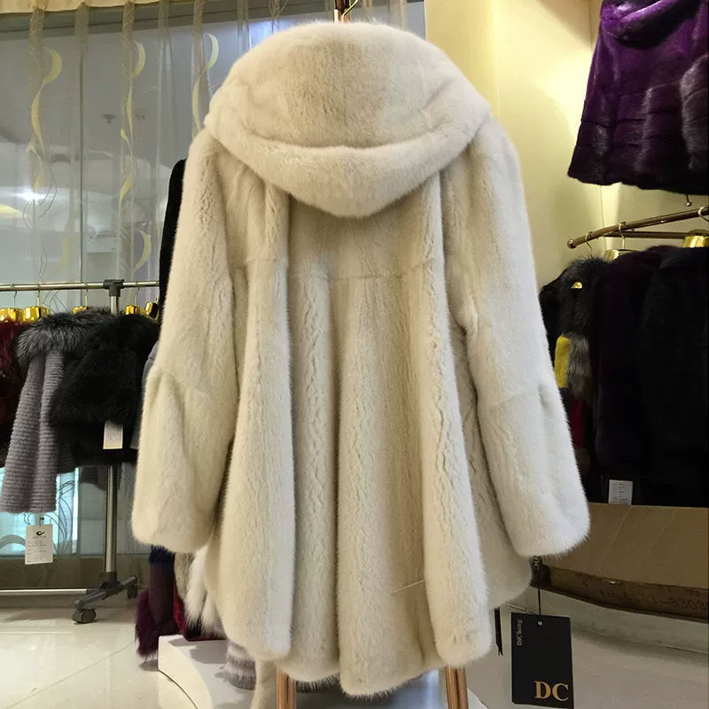 2025 New Women's Imitation Mink Fur Coat, Mid-Length, Hooded, Waist-Closed, in Black, Rice, Beige