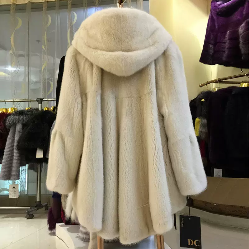 2025 New Women's Imitation Mink Fur Coat, Mid-Length, Hooded, Waist-Closed, in Black, Rice, Beige