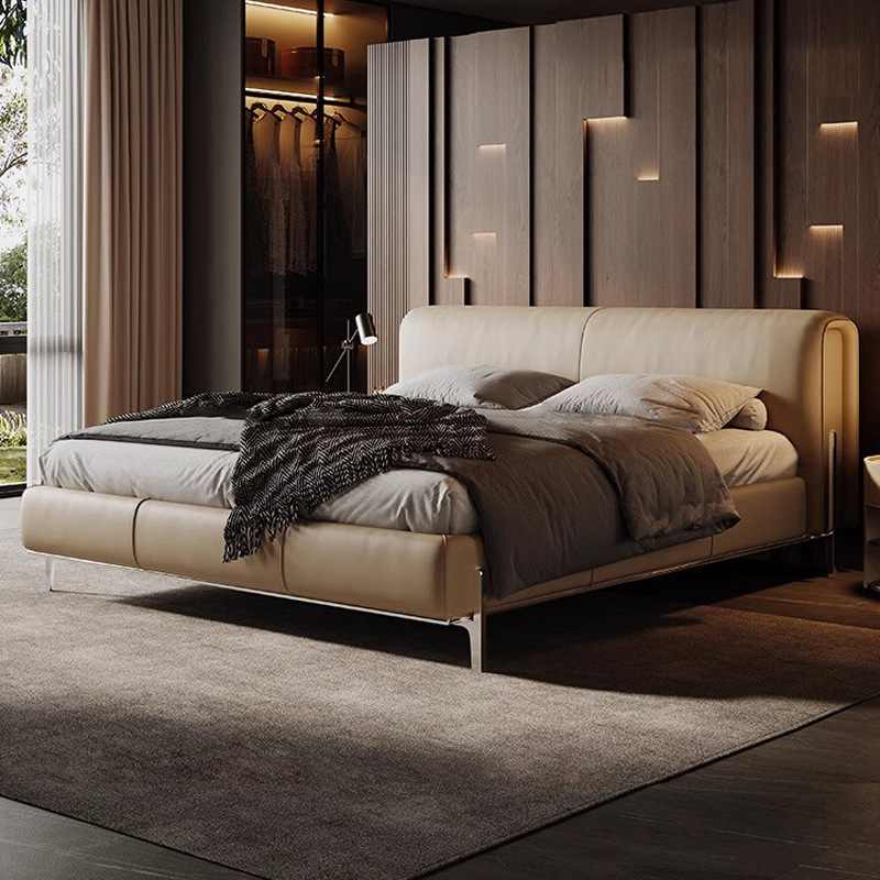 Cama de samurai negro, cama de cuero minimalista italiana, cama de dormitorio principal, cama queen size, 2 * 2.2m, cama de matrimonio, cama doble, cama de cuero negro