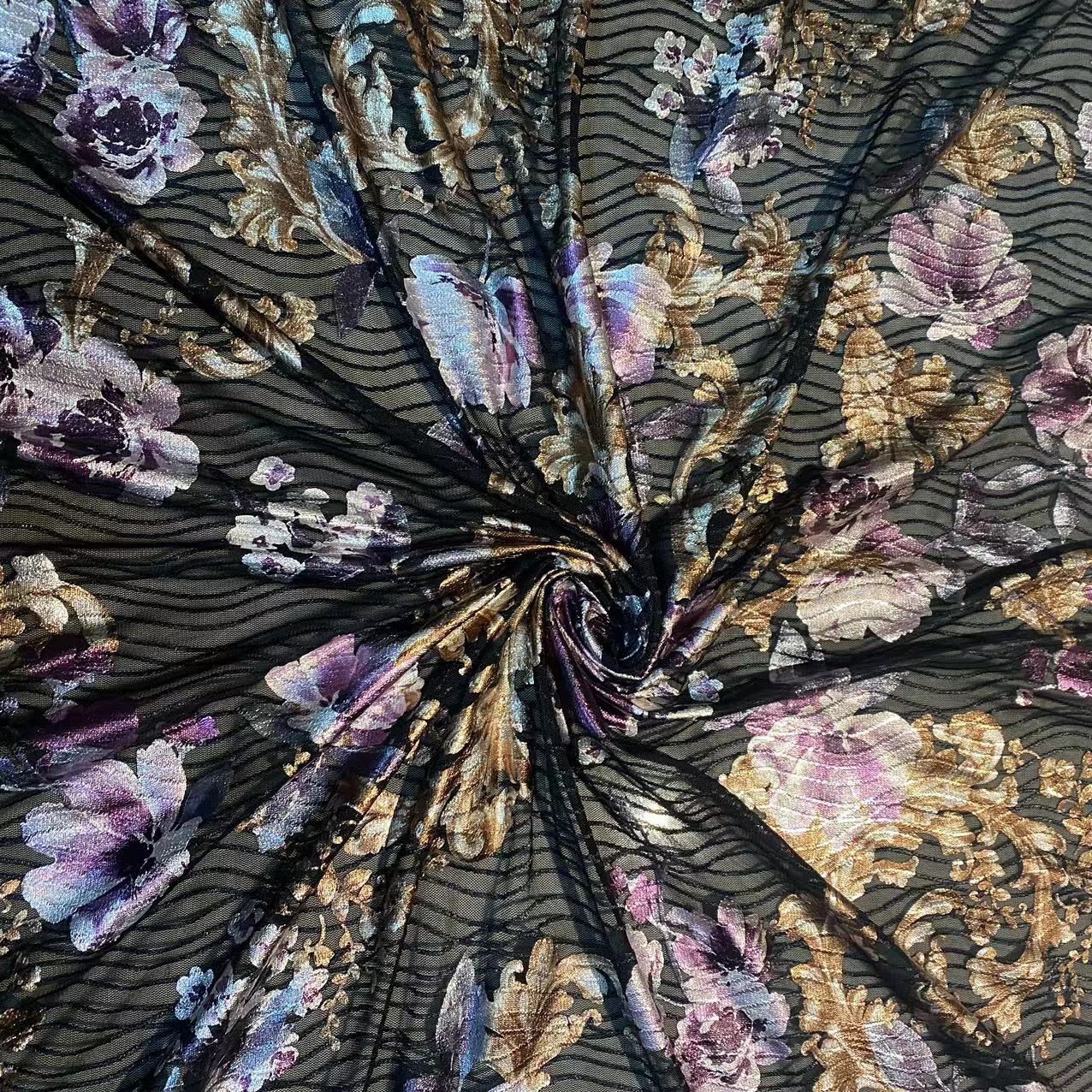 3D烫金雪纺面料 印花雪纺烫金布料 平纹雪纺连衣裙衬衫汉服面料