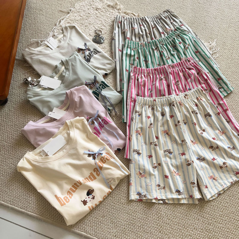 Pure Cotton Cartoon Home Clothes for Women in Summer, Cute Style, Casual Walking, Loose Short-Sleeved Tops, Striped Shorts, Two-Piece Set