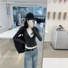 韩系假两件辣妹撞色长袖t恤女早秋拉链款修身小众设计打底衫上衣