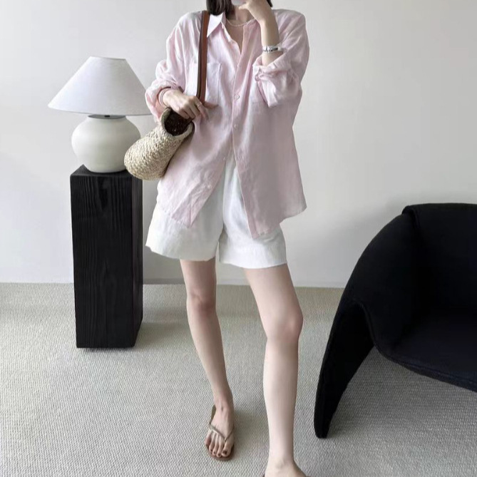 이른 봄 핑크 셔츠 코트 여성의 2025 봄과 가을 느슨한 게으른 스타일 디자인 감각 틈새 긴팔 탑 작은 셔츠