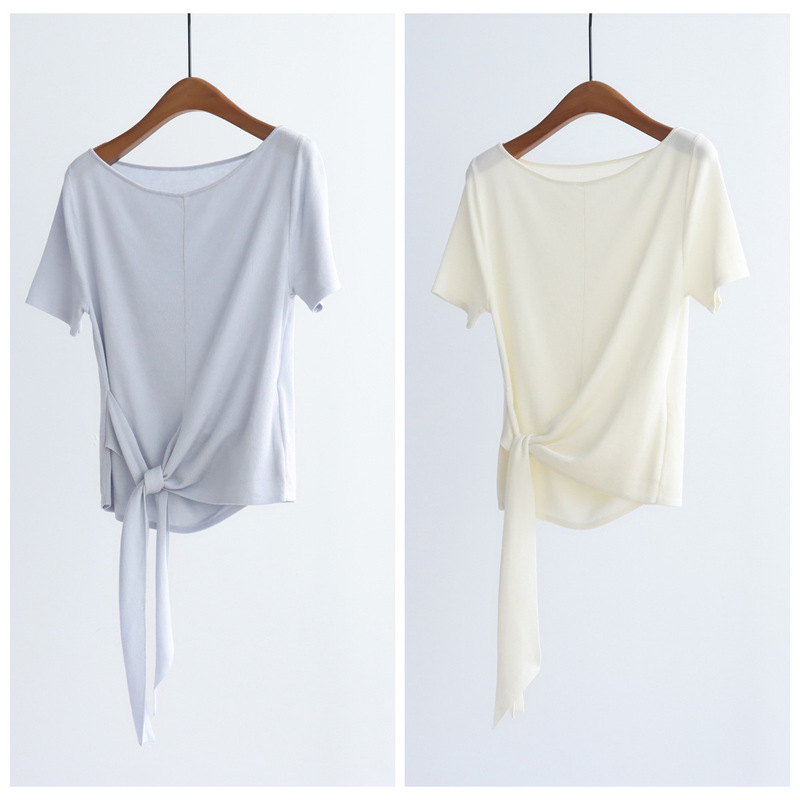 Summer Round Neck Strap Knitted Shirt Short-sleeved Lyocell Tencel Niche Style Knotted Pullover Top Thin T-shirt Summer Round Neck Strap Knitted Shirt Short-sleeved Lyocell Tencel Niche Style Knotted Pullover Top Thin T-shirt