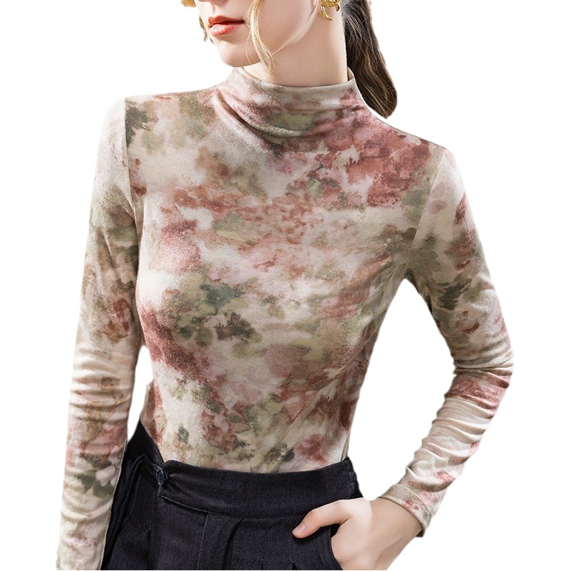 Camiseta básica de cuello medio para mujer, ropa femenina estilo europeo 2024, camiseta de manga larga con estampado de bloques de color, capa interior que estiliza la cintura, top elegante.