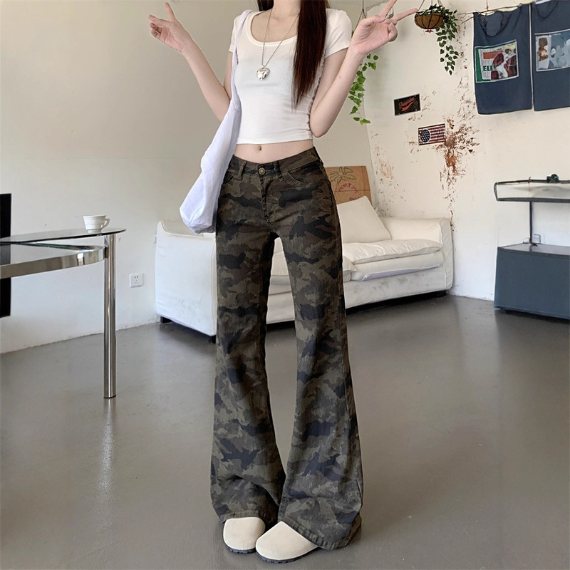Micro-Flared Camouflage Jeans for Women in Autum, Low-Waisted Straight-Leg Denim Camouflage Pants for Women, Micro-Flared Slimming Pants for Women