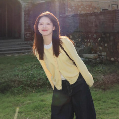 奶黄色假两件针织开衫上衣女慵懒风长袖毛衣秋季显瘦小众外套