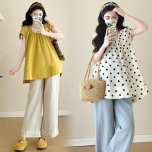 孕妇套装夏季2025新款孕期法式穿搭遮孕肚上衣阔腿裤两件套装薄款