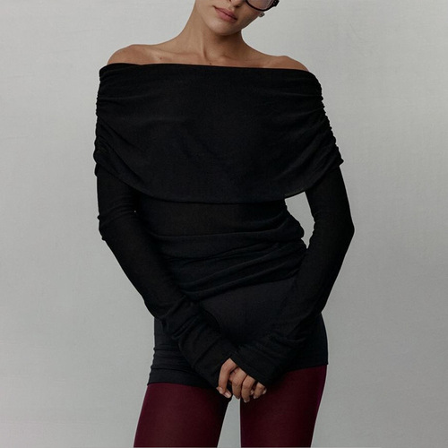Cross-border women's 2025 autumn and winter European and American style long-sleeved knit base shirt, one-shoulder sexy slim-fitting shoulder-revealing top