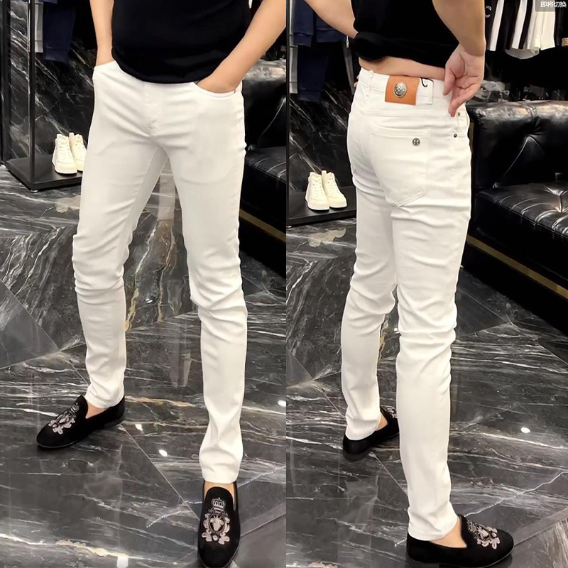 European Trendy Brand White Jeans for Men 2024 Summer New Solid Color Versatile Slim Fit Tapered Pants Simple Casual Pants