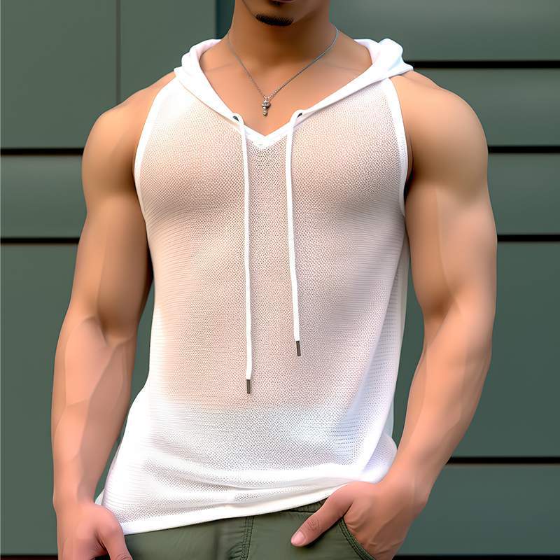 2026 New European and American Style Men's Trendy Sleeveless Fitness Sports Drawstring Top Muscle Man Solid Color See-Through Sexy Tank Top 2026 New European and American Style Men's Trendy Sleeveless Fitness Sports Drawstring Top Muscle Man Solid Color See-Through Sexy Tank Top
