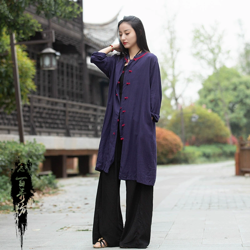 24 весенне-Летняя женская одежда, новое льняное свободное Женское пальто средней длины с контрастной пряжкой в национальном стиле, воротником-стойкой в стиле ретро