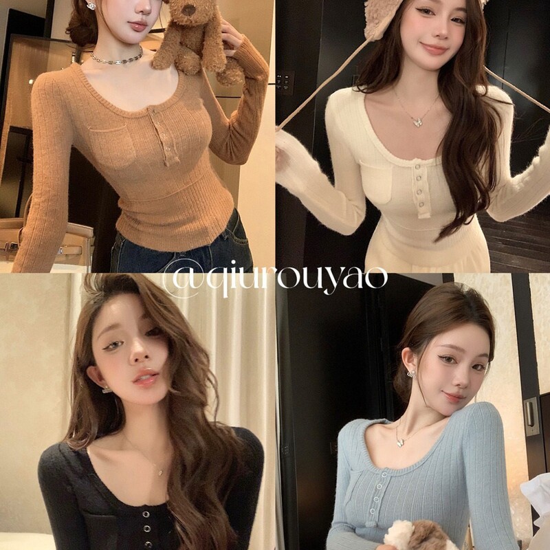 Qiu Rouyao Solid Color Versatile Round Neck Knitted Sweater for Women, New Autumn Sweet Long Sleeve Slim Fit Elegant Top Qiu Rouyao Solid Color Versatile Round Neck Knitted Sweater for Women, New Autumn Sweet Long Sleeve Slim Fit Elegant Top