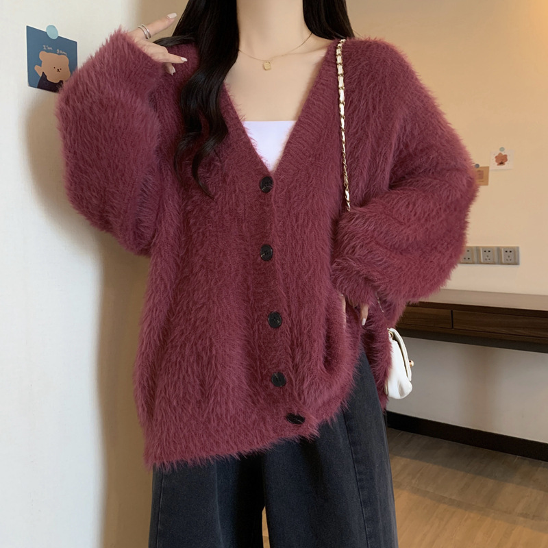 Autumn and Winter Mink Velvet Lazy Style New Large Size Warm Knitted Cardigan Sweater Girls Casual Celebrity Street Style Jacket
