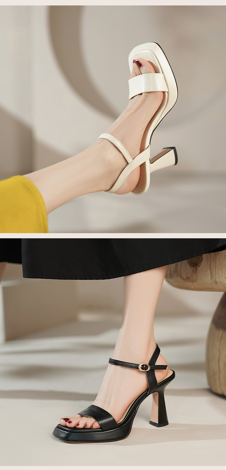 Sandal cao gót nữ quai ngang hở mũi da bò thật khóa thời trang — Màu đen chi tiết 10