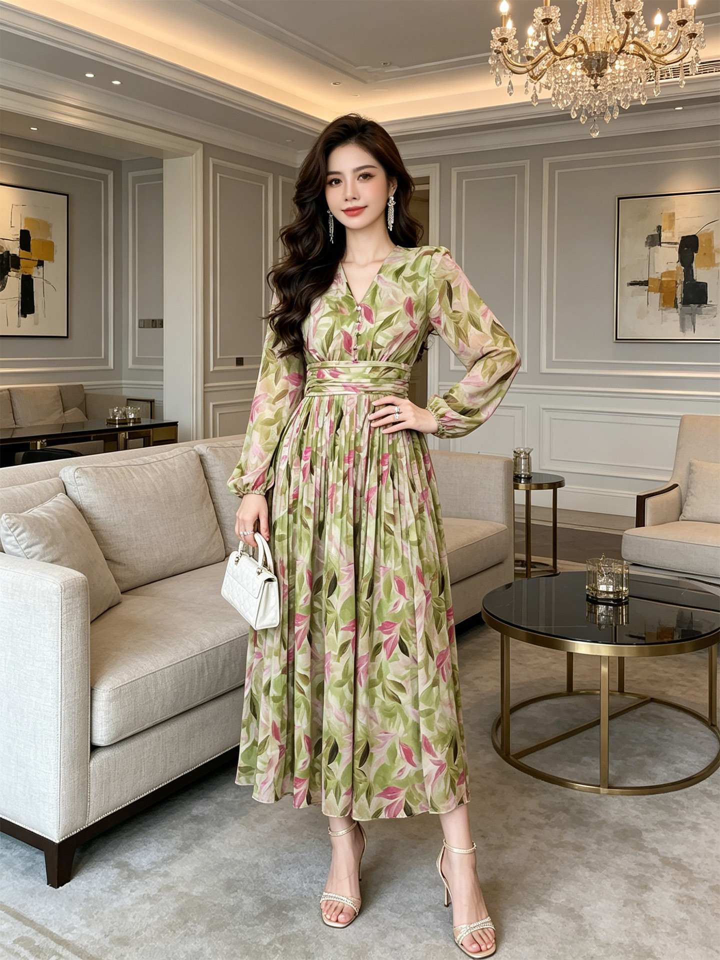 Đầm maxi nữ cổ V in họa tiết thắt eo xòe rộng dáng dài — xanh lá cây