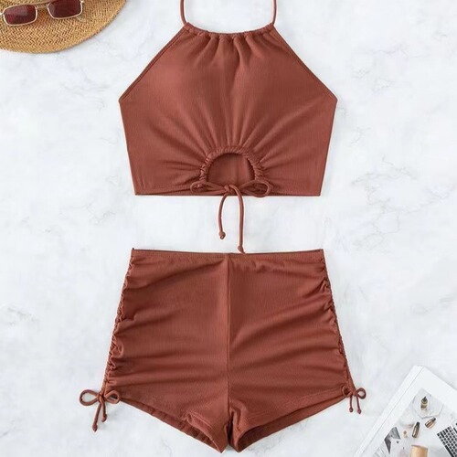 European and American style swimsuit, women's conservative bikini, solid color Huludao swimwear, sexy backless bikini for swimming