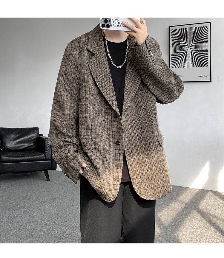 American Retro Houndstooth Blazer For Men Oversized Plaid Jacket_voghion.com