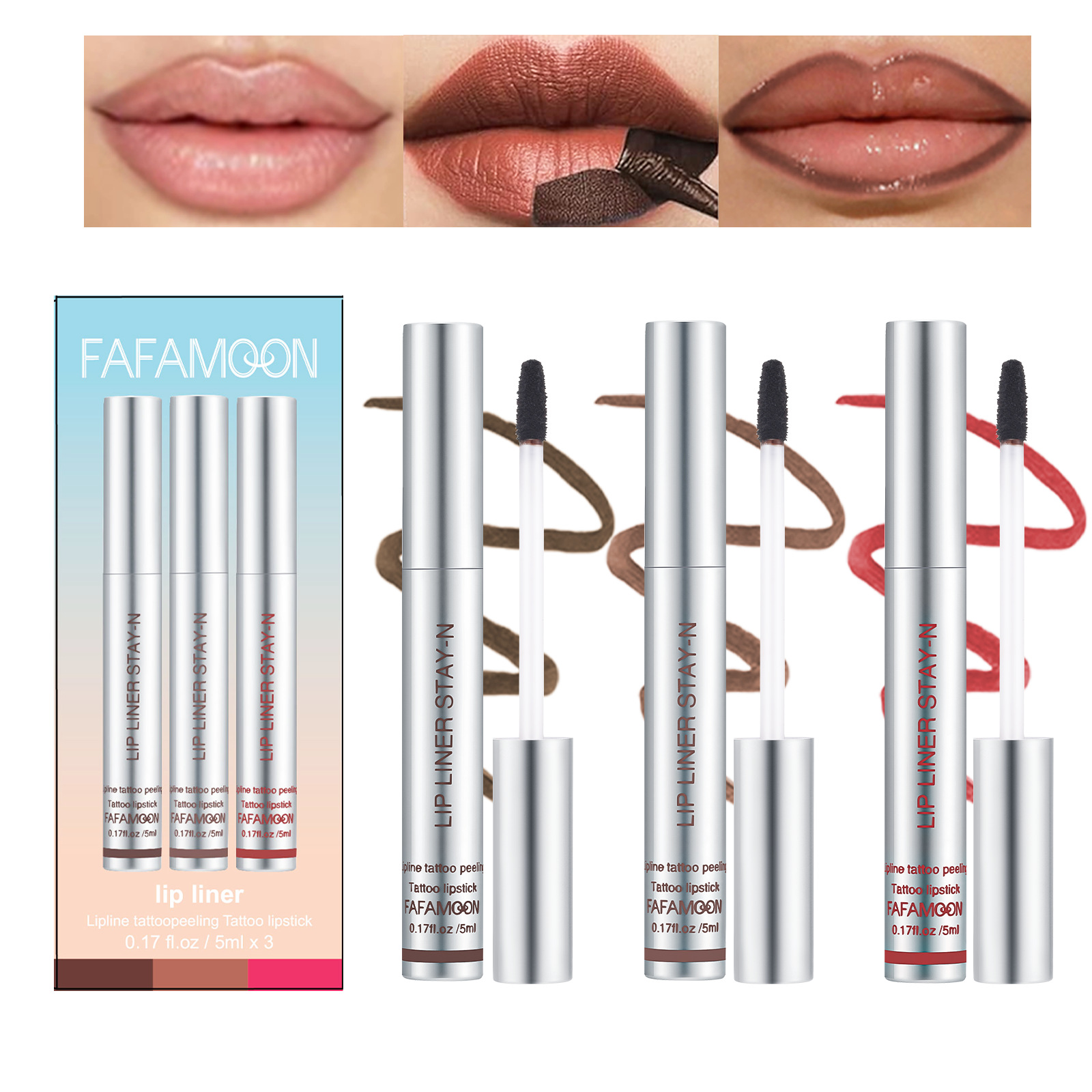 Pinceau à lèvres pelable en forme de lèvre Couleur des lèvres Imperméable Aucune taille Pinceau à lèvres pelable Crayon à lèvres transfrontalier 3 ensembles_voghion.com