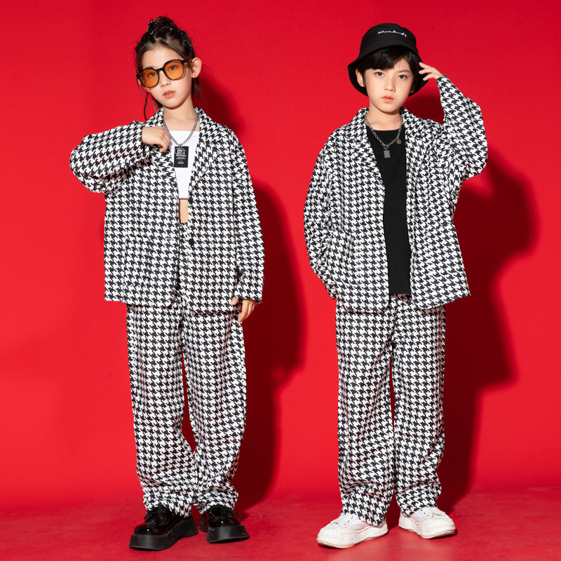 Plaid Hip hop street dance costumes for kids rapper singers gogo dance outfits for boys girls hiphop gogo dancers drumming performance jazz dance clothing