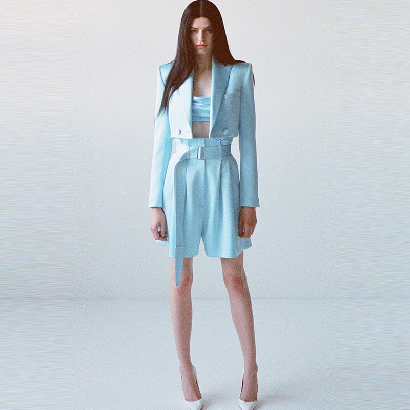 In Stock 2026 European and American Celebrity Fashion New Shiny Satin Ultra-Short Blazer Shorts Suit Two-Piece Set In Stock 2026 European and American Celebrity Fashion New Shiny Satin Ultra-Short Blazer Shorts Suit Two-Piece Set