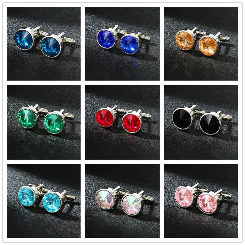 Round silver bottom multi-color fashion gem Crystal cufflinks men's and women's shirt cuff cuff nail personality artistic trend