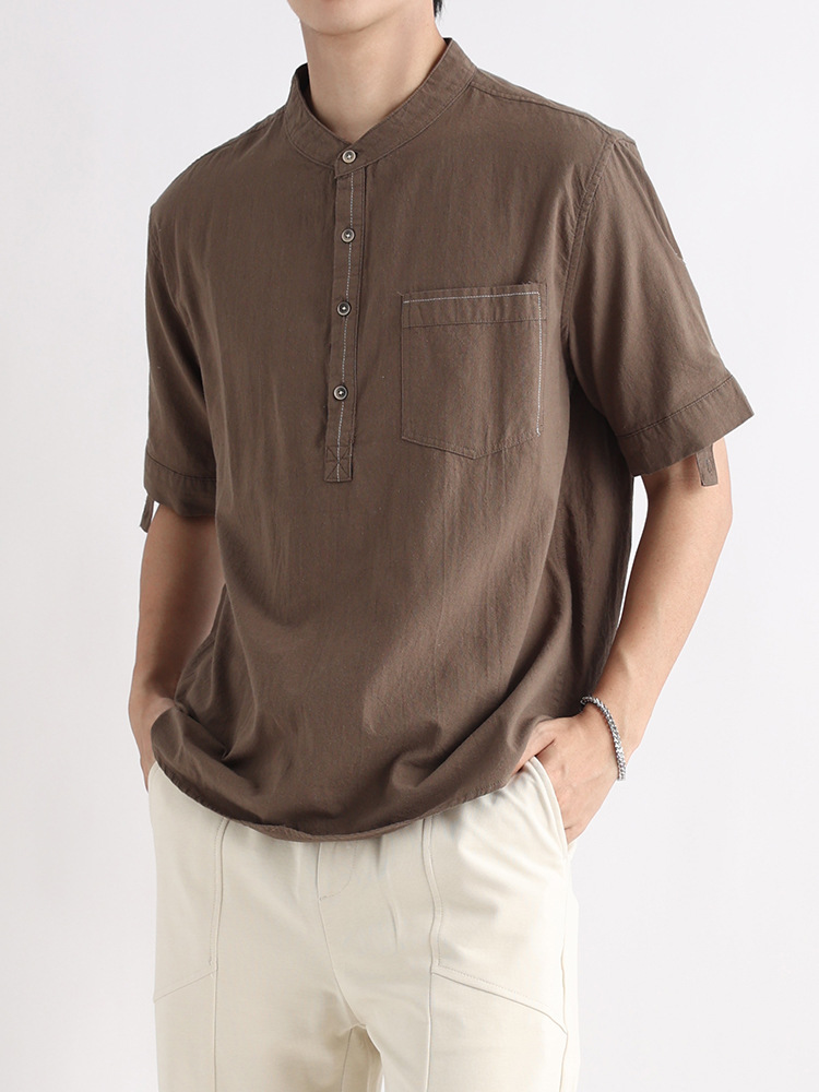 Camisa de media rebeca con cuello Henry, camisa de hombre de manga corta de algodón con cuello alto, camisa casual de marca de moda de verano para hombre suelto, verano para hombre