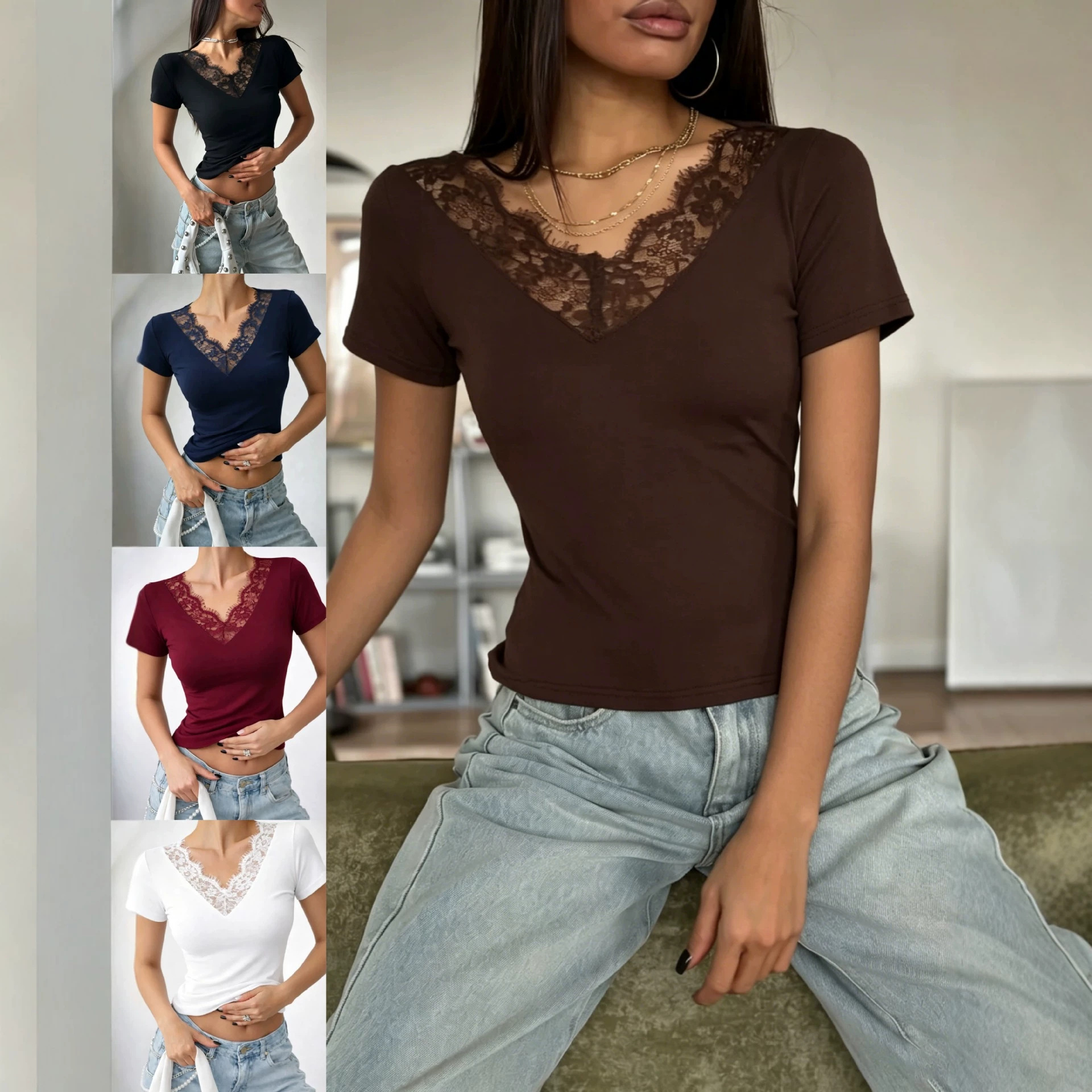 American-Style Spicy Girl Style V-Neck Lace Patchwork Short-Sleeve T-Shirt for Women, Summer Slim-Fit Stretchy Black Pure Desire Style