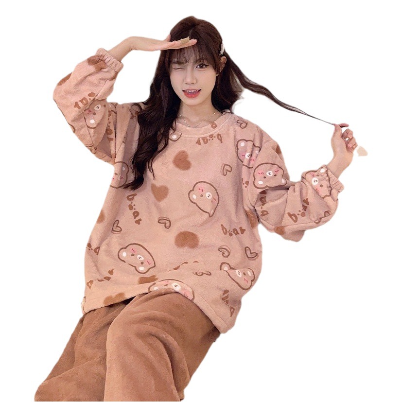 Pijamas de las mujeres del otoño y el invierno franela engrosada dulce coreano lindo coral fleece cuello redondo pijamas desgaste en casa traje